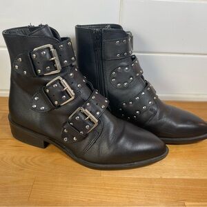 Steven New York Triple Buckle Black Leather Combat Moto Punk Boots